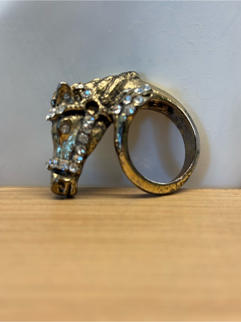 Gold-Tone Horse Head Cocktail Ring with Clear Rhinestones